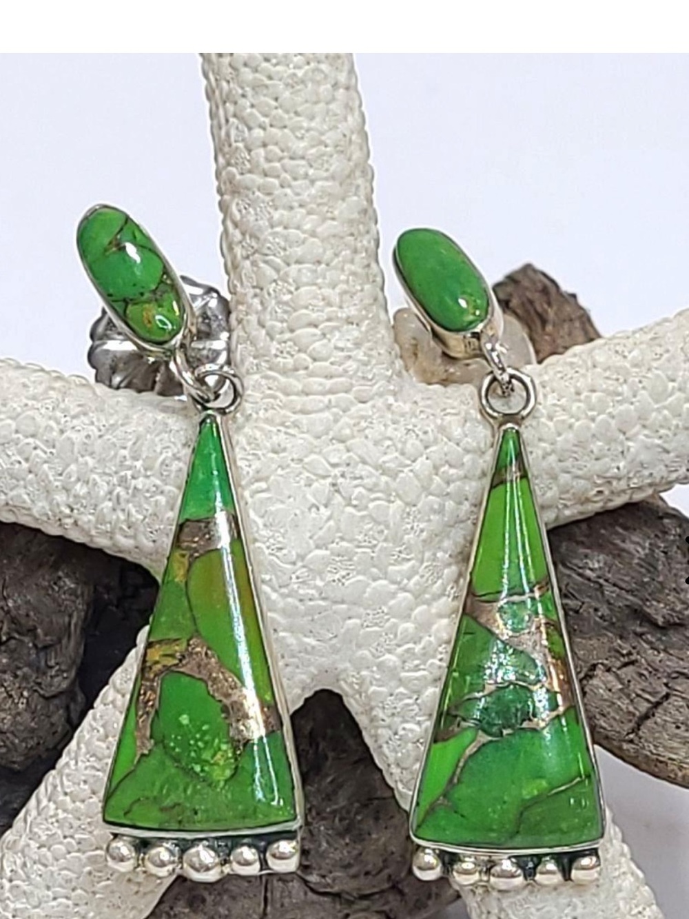 Ster. Silver Mojave Green Turquoise, Copper Veined Stud-Dangle Earrings